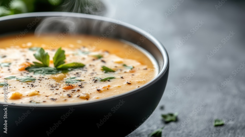 A bowl of hot, creamy soup garnished with fresh herbs like parsley and black pepper, creating a warm and comforting culinary experience, perfect for cold weather. A bowl of hot, creamy soup garnished with fresh herbs like parsley and black pepper, creating a warm and comforting culinary experience, perfect for cold weather.