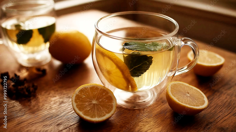Closeup fresh hot aroma black tea with limon from jar teapot into glass cup on wooden table, autumn athmosphere Closeup fresh hot aroma black tea with limon from jar teapot into glass cup on wooden table, autumn athmosphere