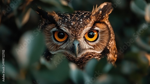 A close-up image of an owl with piercing yellow eyes, surrounded by green foliage, depicting intense focus and nature's beauty in wildlife photography. photo