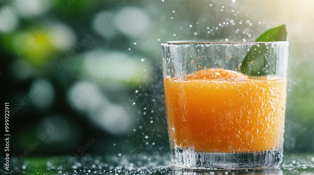 A fresh glass of orange juice placed in a garden setting with visible water droplets splashing around, capturing the essence of freshness and nature in a peaceful environment. A fresh glass of orange juice placed in a garden setting with visible water droplets splashing around, capturing the essence of freshness and nature in a peaceful environment.