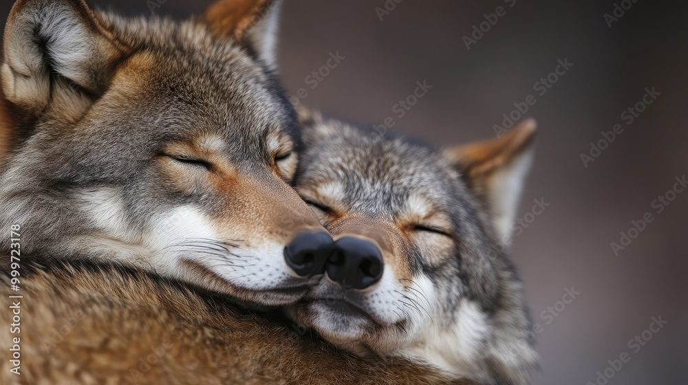 A heartwarming image of two wolves cuddling closely, reflecting the bond and affection between them, showcasing their gentle and loving nature in the wild. A heartwarming image of two wolves cuddling closely, reflecting the bond and affection between them, showcasing their gentle and loving nature in the wild.