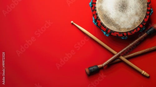 A pair of drums and drumsticks set against a bright red background, ready to make some music photo