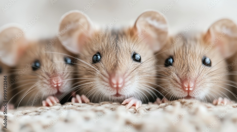 A closeup image featuring three adorable mice peeking over a soft, cozy surface. The mice display large ears and a curious expression, illustrating their delicate features. A closeup image featuring three adorable mice peeking over a soft, cozy surface. The mice display large ears and a curious expression, illustrating their delicate features.