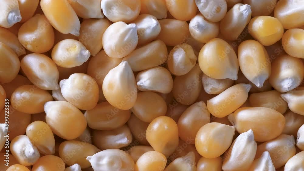 Top-down macro video of dry corn kernels for popcorn, as the camera smoothly moves from left to right on a slider. Texture of maize seeds. Cooking, sweet food, fastfood, healthy eating concepts. 4k Top-down macro video of dry corn kernels for popcorn, as the camera smoothly moves from left to right on a slider. Texture of maize seeds. Cooking, sweet food, fastfood, healthy eating concepts. 4k