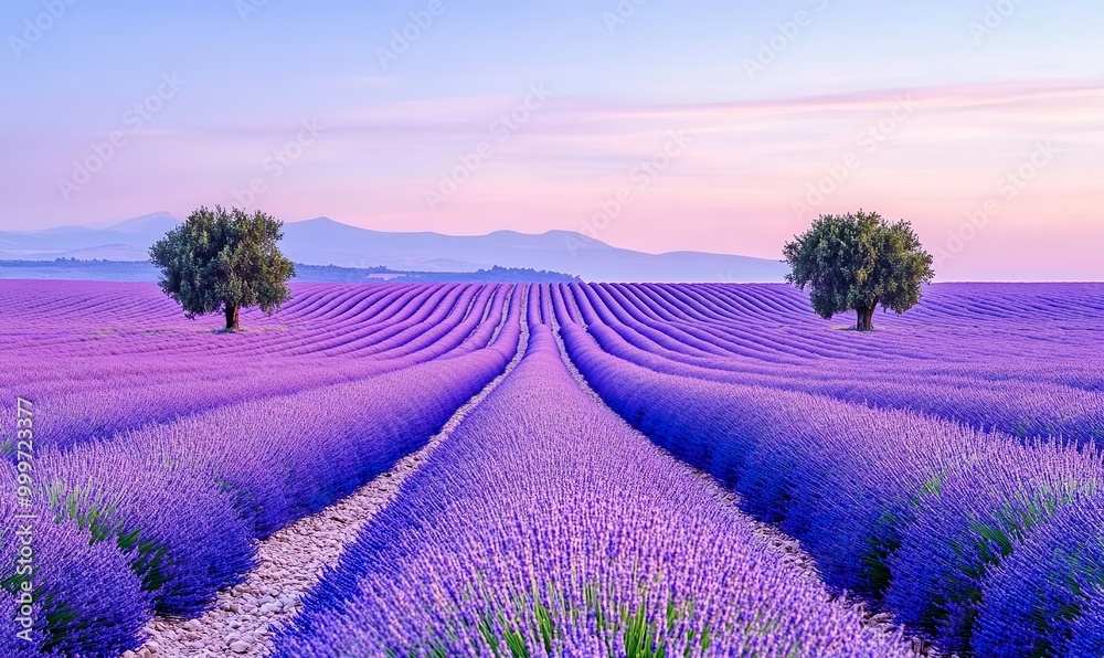 Obraz premium A tranquil lavender field in Provence at sunset, with purple flowers stretching to the horizon under a blue sky of pastel pink and violet hues and trees in the background