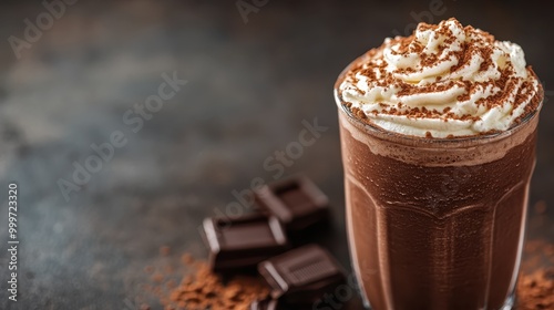 A glass of rich chocolate beverage crowned with fluffy whipped cream, sprinkled with cocoa powder, elegantly presented on a blurred background. Pure chocolate luxury.