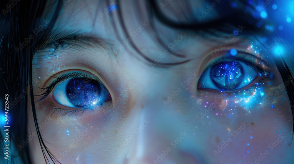 close up of womans eyes with cosmic effect, showcasing vibrant colors and sparkles close up of womans eyes with cosmic effect, showcasing vibrant colors and sparkles