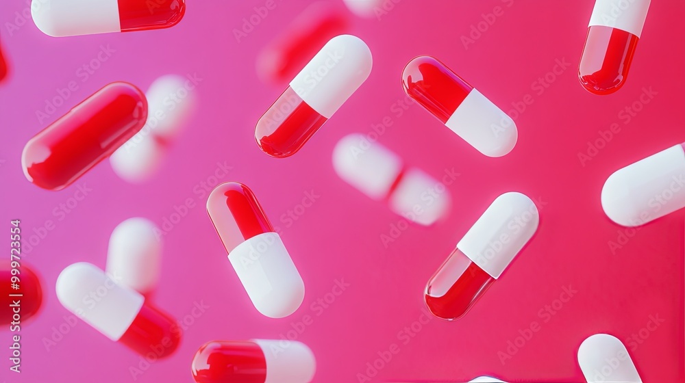 Floating red and white capsules, their design and colors, representing medication and health care in a vibrant context. Floating red and white capsules, their design and colors, representing medication and health care in a vibrant context.