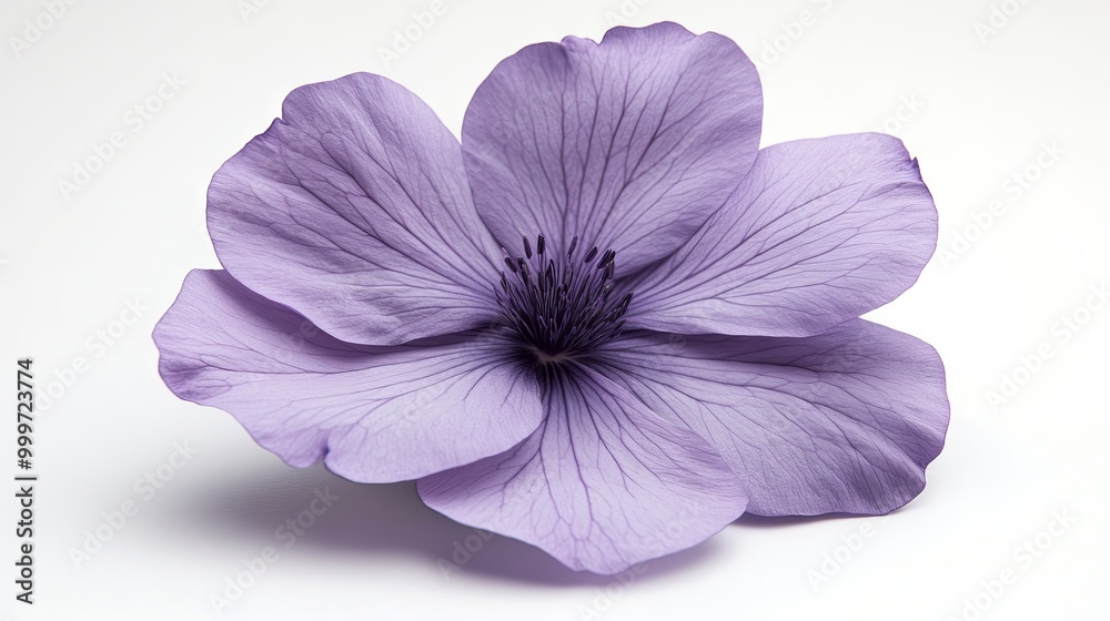 Obraz premium light purple flower laying on white isolated background, photorealistic, stock commercial photography, 8k