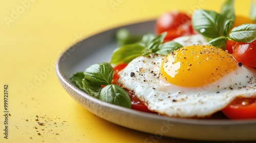 A grey plate displays perfectly cooked sunny-side-up eggs with fresh basil leaves and tomato halves, presenting a vibrant and appetizing breakfast setting, simply delightful.