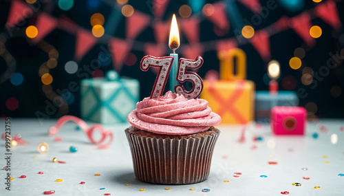 Birthday cupcake with burning lit candle with number 75. Number seventy-five for seventy-five years or seventy-fifth anniversary. photo