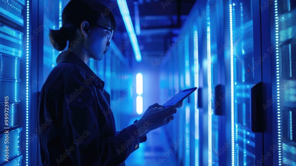 A person standing in a server room holding a cell phone, possibly receiving an important message or checking for updates A person standing in a server room holding a cell phone, possibly receiving an important message or checking for updates