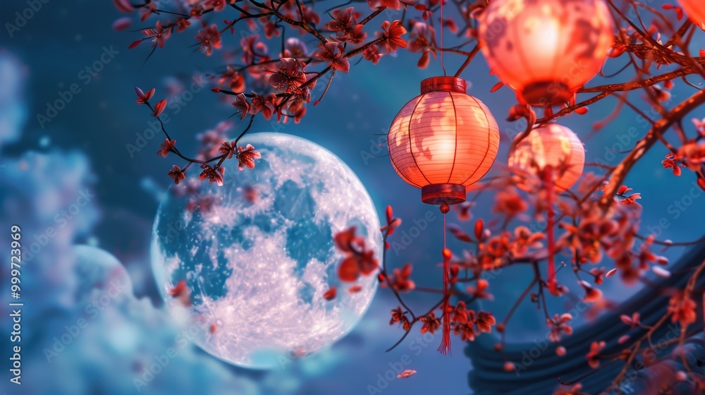 Obraz premium A group of lanterns hang from a tree, illuminated by the light of a full moon