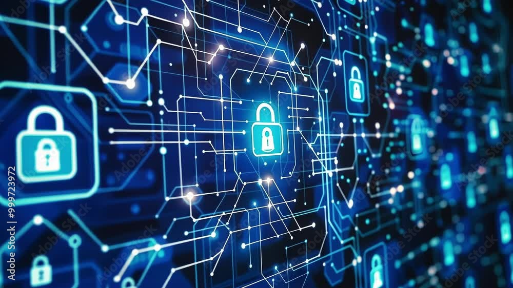 Digital padlock icon is glowing on a circuit board, representing a secure network protecting data. This image evokes the concept of cybersecurity and data protection in the digital age Digital padlock icon is glowing on a circuit board, representing a secure network protecting data. This image evokes the concept of cybersecurity and data protection in the digital age