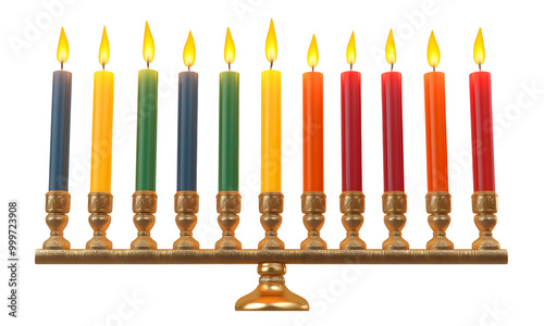 Kwanzaa Festival of unity and togetherness. Seven candles on menorah candleholder, Transparent background photo