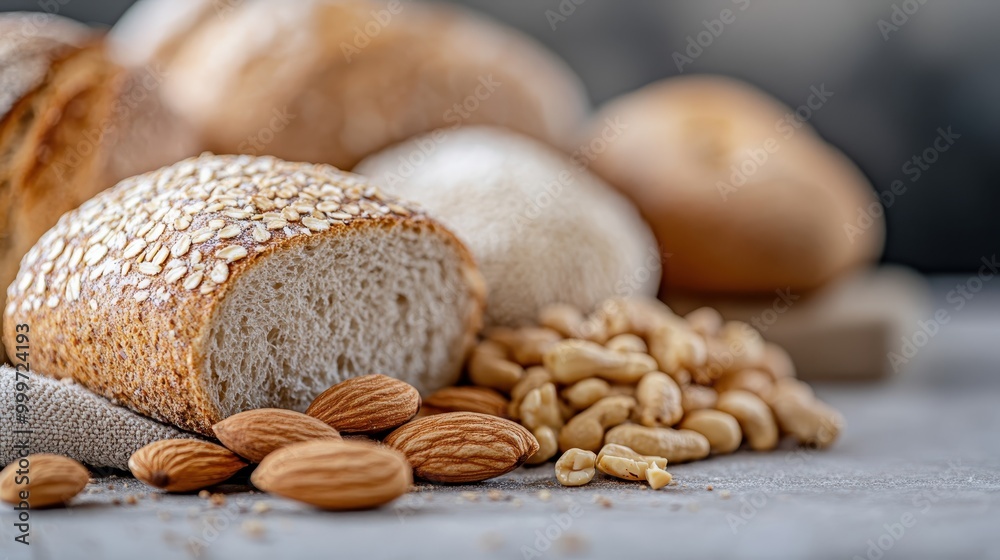 A close-up view of a variety of bread types and nuts placed on a light grey background, focusing on their textures and wholesome qualities, ideal for food-themed presentations. A close-up view of a variety of bread types and nuts placed on a light grey background, focusing on their textures and wholesome qualities, ideal for food-themed presentations.