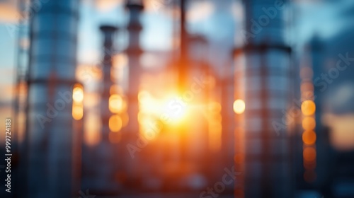 An abstract image of industrial plant towers blurred against a glowing sunset backdrop, evoking feelings of energy, power, and the relentless drive to industrial progress. photo