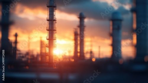 Industrial chimneys silhouetted against a vibrant sunset sky, highlighting the contrast between industry and nature with soft clouds and warm colors creating a dramatic scene.