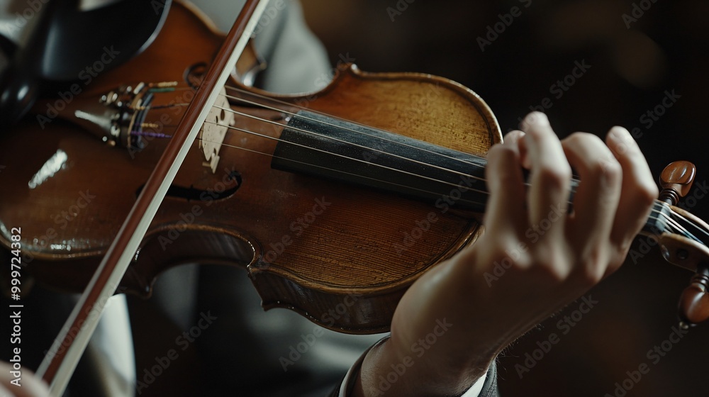 Close-up of a musician's hand playing a violin. Close-up of a musician's hand playing a violin.