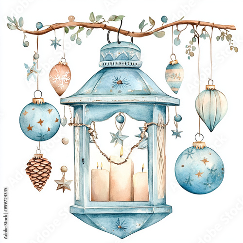 A beautiful boho Christmas lantern adorned with hanging ornaments, featuring blue and gold decorations, pine cones, and glowing candles. This charming design evokes warm, festive atmosphere photo