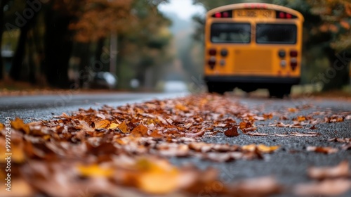 A serene image of autumn leaves strewn across a rural road, with a school bus visible in the background, evoking memories of school days and the beauty of fall. photo