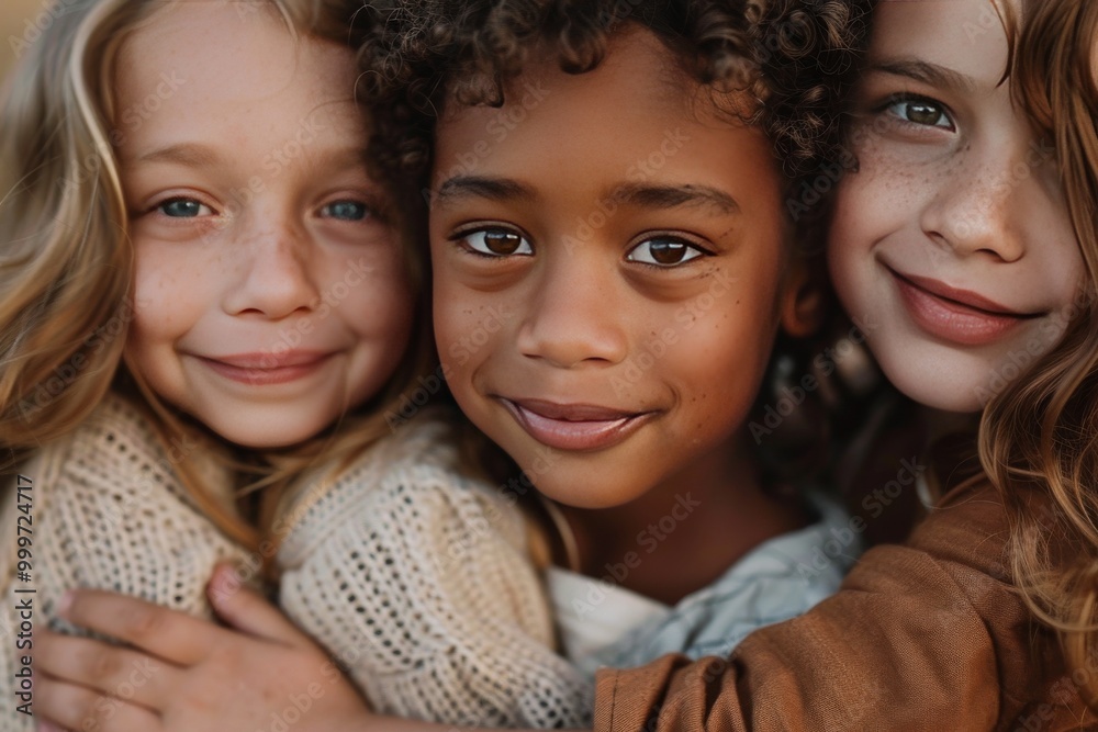 Closeup of three children, two girls and one boy with dark skin color in the center Closeup of three children, two girls and one boy with dark skin color in the center