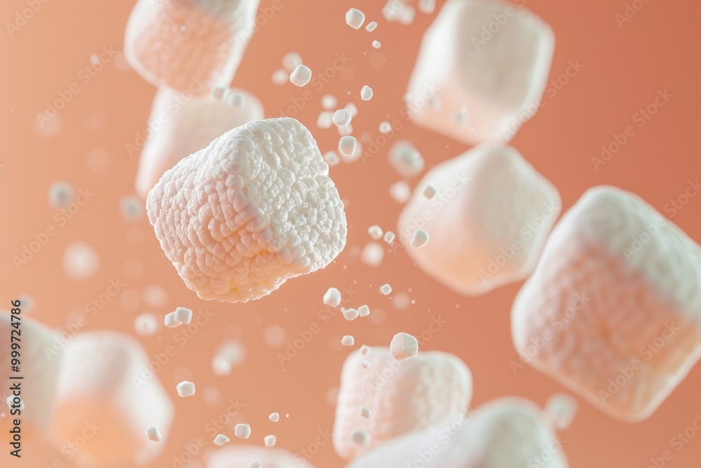 A cluster of marshmallows suspended in mid-air, perfect for use in illustrations and designs related to whimsy and playfulness A cluster of marshmallows suspended in mid-air, perfect for use in illustrations and designs related to whimsy and playfulness