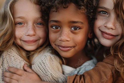 Closeup of three children, two girls and one boy with dark skin color in the center