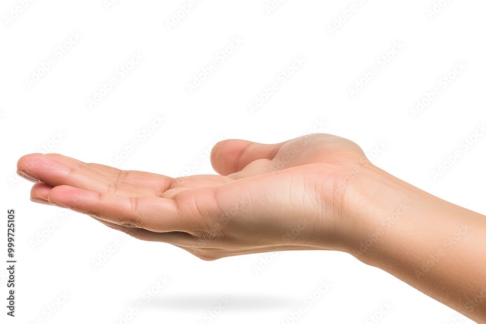 A person holds out their hand against a white background, perfect for use in educational or training materials A person holds out their hand against a white background, perfect for use in educational or training materials