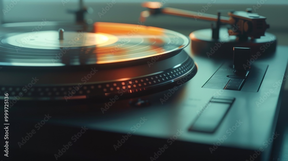A close-up shot of a turntable sitting on a table, ready for music or vinyl collection A close-up shot of a turntable sitting on a table, ready for music or vinyl collection