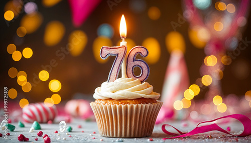 Birthday cupcake with burning lit candle with number 76. Number seventy-six for seventy-six years or seventy-sixth anniversary. photo