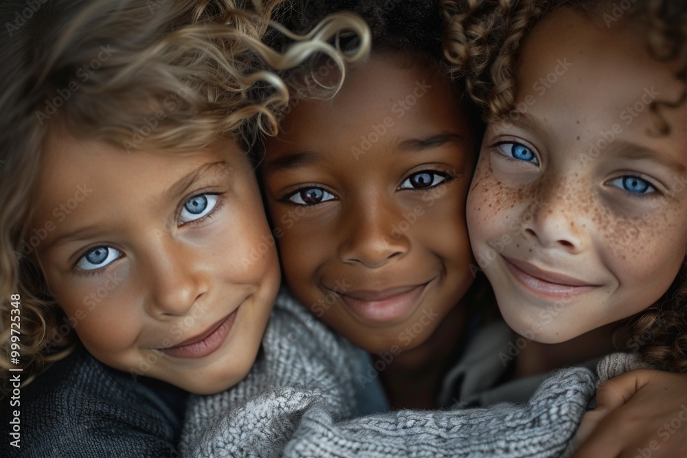 Closeup of three children, two girls and one boy with dark skin tone in the center looking at the camera smiling. The white girl on the left side has long curly brown hair Closeup of three children, two girls and one boy with dark skin tone in the center looking at the camera smiling. The white girl on the left side has long curly brown hair