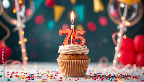 Birthday cupcake with burning lit candle with number 75. Number seventy-five for seventy-five years or seventy-fifth anniversary.