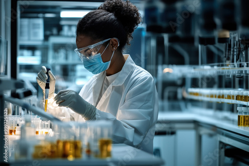 Candid black pharmaceutical lab specialist medicine vials & hospital samples African american female medical student working in science laboratory research PPE protective clothing DEI