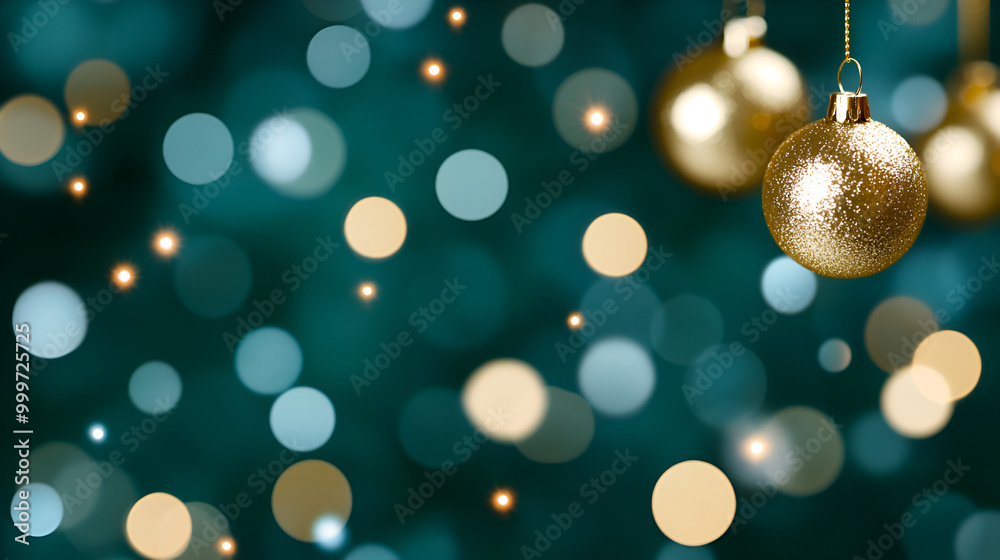 Beautiful golden Christmas ornaments hanging against a sparkling teal background with soft bokeh lights in December Beautiful golden Christmas ornaments hanging against a sparkling teal background with soft bokeh lights in December