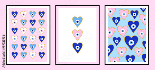 Set of posters of Evil eyes and hearts. Esoteric mystical background. Modern talisman design for a home decor. Boho art illustration.