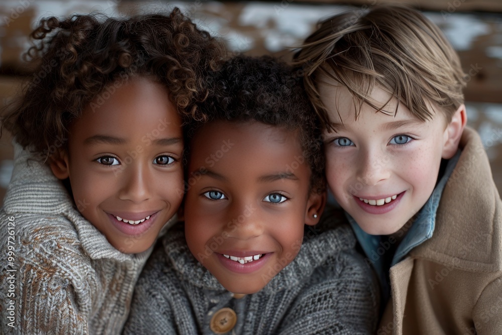 Closeup of three happy children, one black girl with curly hair and brown skin