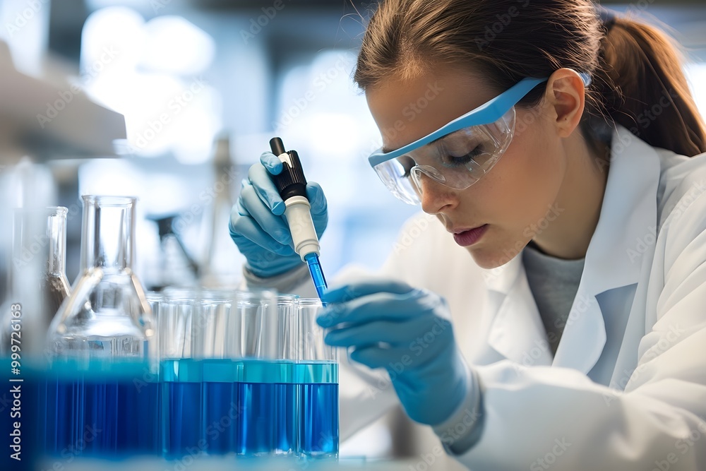 Laboratory Scientist in Action with Blue Liquid Laboratory Scientist in Action with Blue Liquid