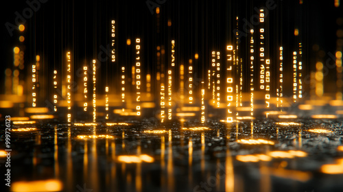 Illuminated binary code streams glowing against a dark background in a creative digital abstract representation
