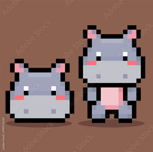 set of cute hippopotamus in pixel art vector photo