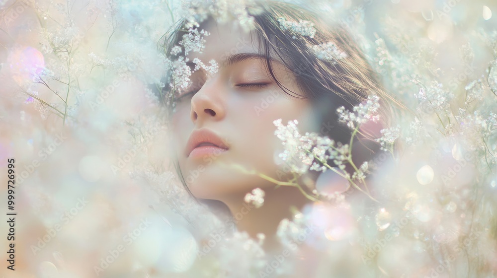 Dreamy portrait of a woman surrounded by delicate flowers, serene beauty and tranquility concept Dreamy portrait of a woman surrounded by delicate flowers, serene beauty and tranquility concept