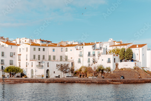 Typical mediterranean town, with white facade houses, in Cadaques, Costa Brava, Catalonia (Spain).