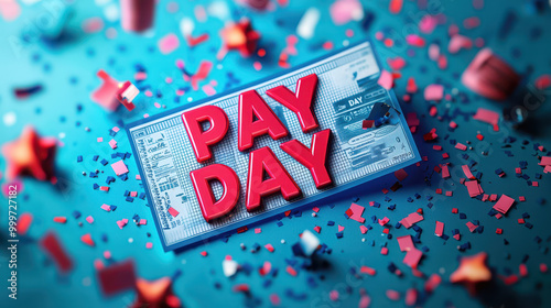 Pay Day is prominently displayed on colorful background filled with confetti and festive elements, creating celebratory atmosphere. This image captures excitement of receiving paycheck
