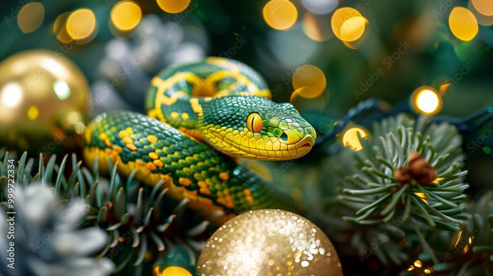 Fototapeta premium A yellow-green snake crawls on a Christmas tree with New Year's toys