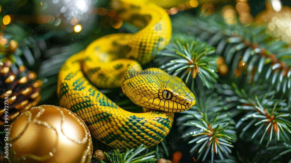A yellow-green snake crawls on a Christmas tree with New Year's toys A yellow-green snake crawls on a Christmas tree with New Year's toys