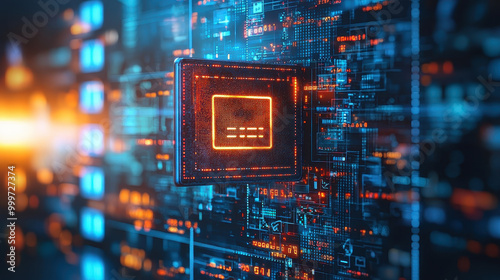 Digital wallet technology is represented in this vibrant image, showcasing microchip surrounded by network of glowing data connections. futuristic design emphasizes integration of finance and