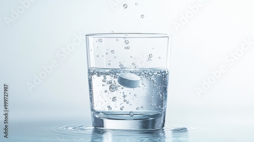 Effervescent tablet dissolving in a glass of water on a light background, health and wellness concept