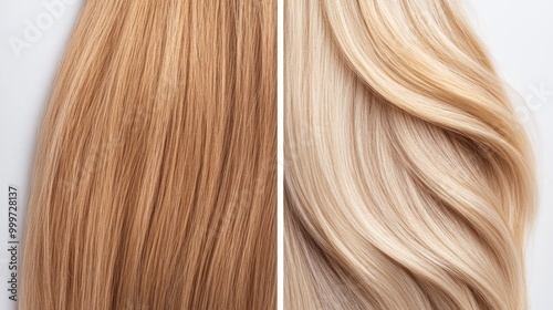 Close-up of two blonde hair strands, one light blonde and one dark blonde, side by side.