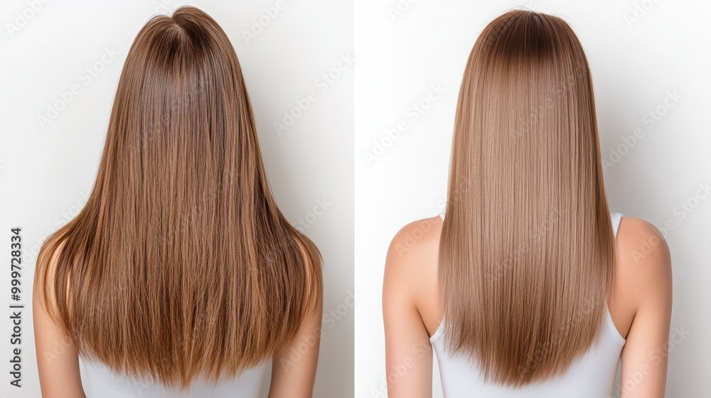 Woman with long, straight, brown hair. Before and after hair treatment or styling. Woman with long, straight, brown hair. Before and after hair treatment or styling.