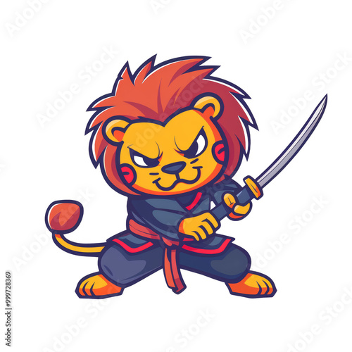 A cartoon lion wearing a blue and red ninja outfit holds a silver katana sword.